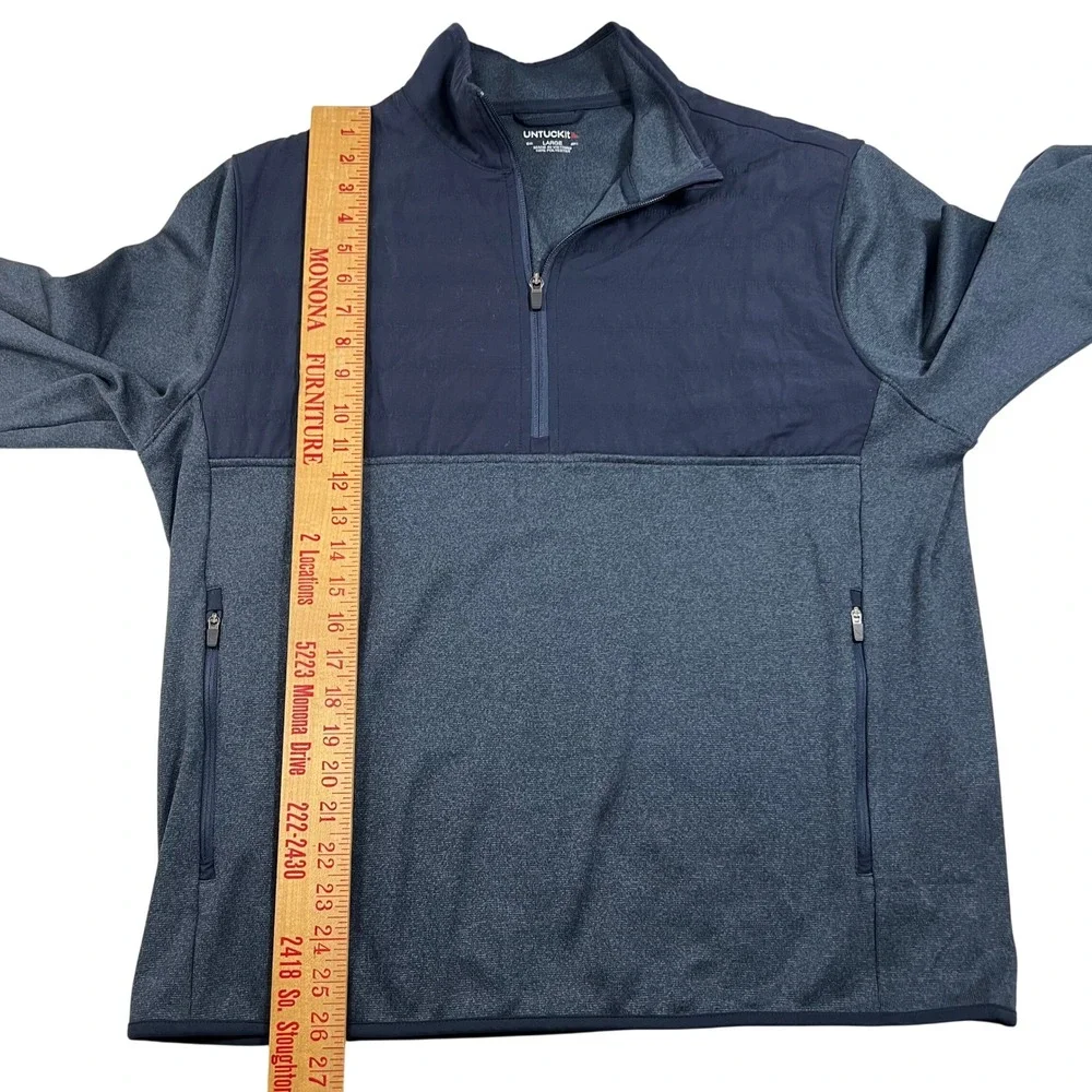 UNTUCKit Mens Large Quarter Zip Pullover Mixed Media Quilted Navy‎ Grey Jacket